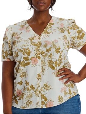 1. State White Floral V-Neck Button Front Blouse with Olive and Pink Print